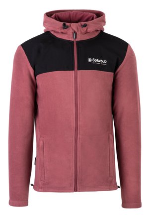 Fleecejacke mit pinkem Körper und schwarzem oberen Abschnitt, ausgestattet mit Kapuze, Reißverschluss und Seitentaschen. Logo auf der Brust.