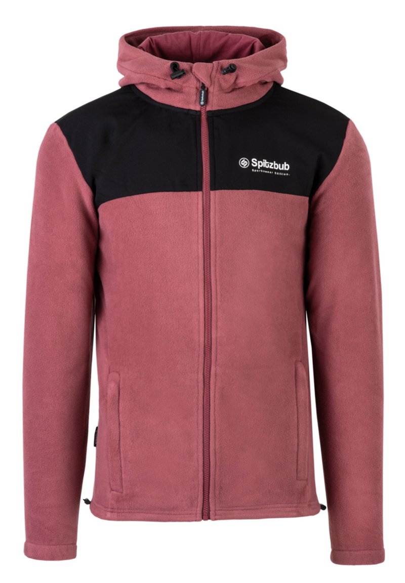Giacca in pile con corpo rosa e parte superiore nera, dotata di cappuccio, chiusura con zip e tasche laterali. Logo visibile sul petto.