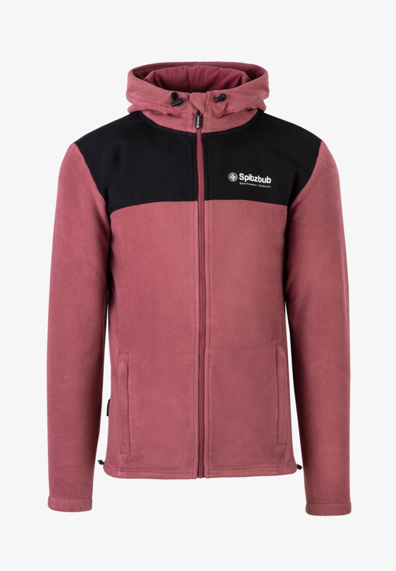 Fleecejacke mit pinkem Körper und schwarzem oberen Abschnitt, ausgestattet mit Kapuze, Reißverschluss und Seitentaschen. Logo auf der Brust.