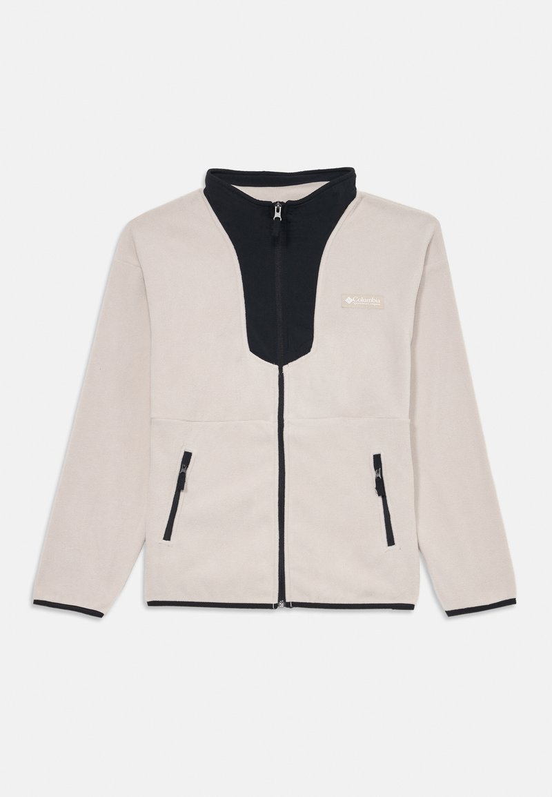 Veste en polaire avec un corps crème, un col noir et des poches zippées. Dispose d'une fermeture éclair à l'avant et d'un logo sur la poitrine.