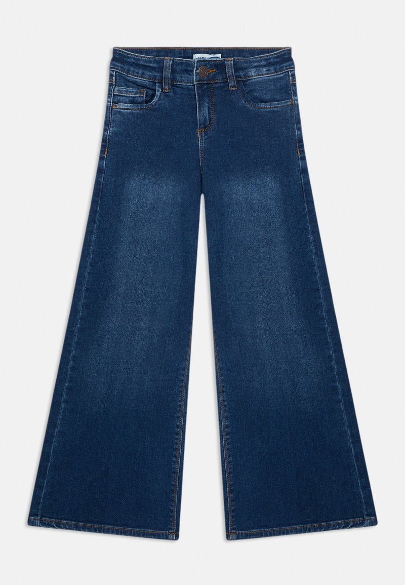Jeans de tiro ancho en azul oscuro. Hechos de algodón con una textura suave. Presentan bolsillos delanteros, una cremallera y costuras de contraste.