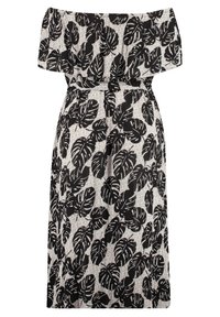 Olkapäiltä paljastava mekko kevyestä kankaasta, jossa on mustavalkoinen lehtikuvio, istuva vyötärö ja virtaava hame.