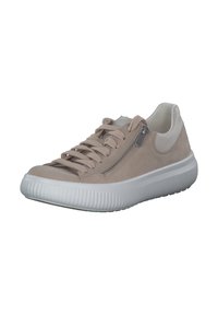 Beige Wildleder-Sneaker mit weißer Gummisohle, runder Zehenpartie, Schnürung an der Vorderseite und Reißverschluss-Detail an der Seite. Strukturiertete Oberfläche mit gepolstertem Schaft.