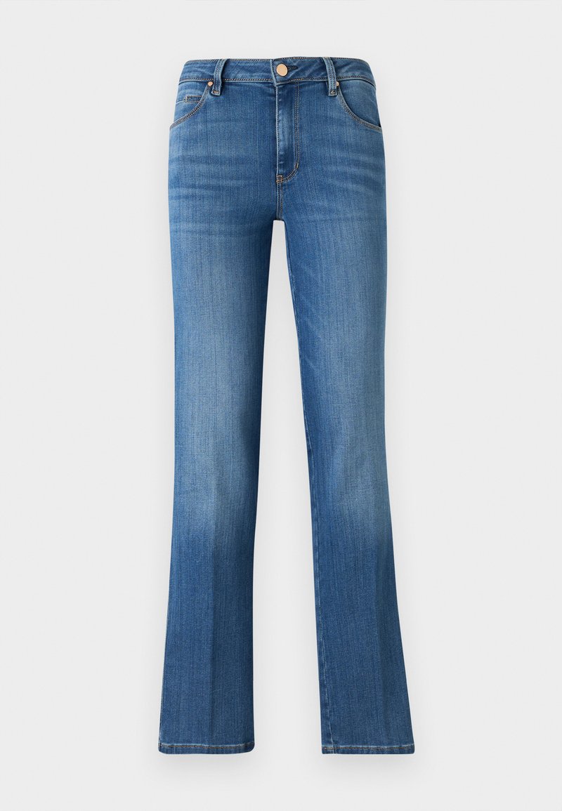 Blaue Jeans aus Denim mit einem ausgestellten Bein-Design, fünf Taschen und Kupfernieten. Sie haben eine normale Taille und leichtes Verblassen an der Vorderseite.