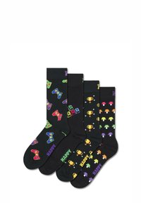Ensemble de quatre chaussettes noires ornées de manettes de jeu colorées, de trophées et de champignons dans des motifs vibrants. Fabriquées en matériau doux et extensible.
