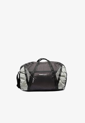 Borsa da viaggio pieghevole nera e grigia con tasca frontale con zip, doppie maniglie e tracolla regolabile, etichettata "MOMO Design".