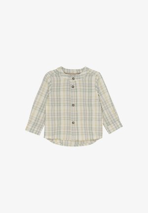Koszula w kratę z długim rękawem z zielonymi, żółtymi i białymi checks. Okrągły dekolt z dwoma brązowymi guzikami, miękki materiał oraz zaokrąglony dół.