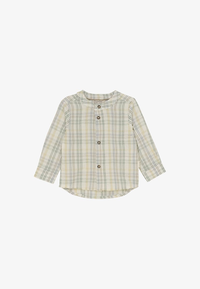 Langärmliges kariertes Hemd mit grünem, gelbem und weißem Karomuster. Rundhalsausschnitt mit zwei braunen Knöpfen, weicher Stoff und abgerundetem Saum.