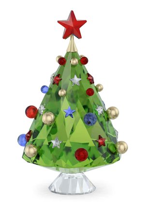 Zelena kristalna figurica božičnega drevesa z rdečimi, modrimi in zlatimi okroglimi in zvezdnimi okraski, na vrhu pa je rdeča zvezda na prozornem podstavku.