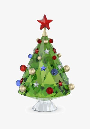 Statuetta di albero di Natale in cristallo verde con ornamenti sferici e a forma di stella rossi, blu e oro, sormontata da una stella rossa su una base trasparente.