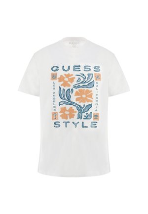 Biely bavlnený tričko s farebnou grafickou potlačou s kvetinovými vzormi a textom "GUESS". Krátke rukávy a okrúhly výstrih.
