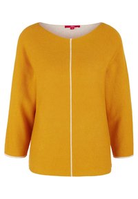 Žlutý svetr s texturou, širokým výstřihem, tříčtvrtečními rukávy a bílým středovým švem. Žebrované manžety a lem.