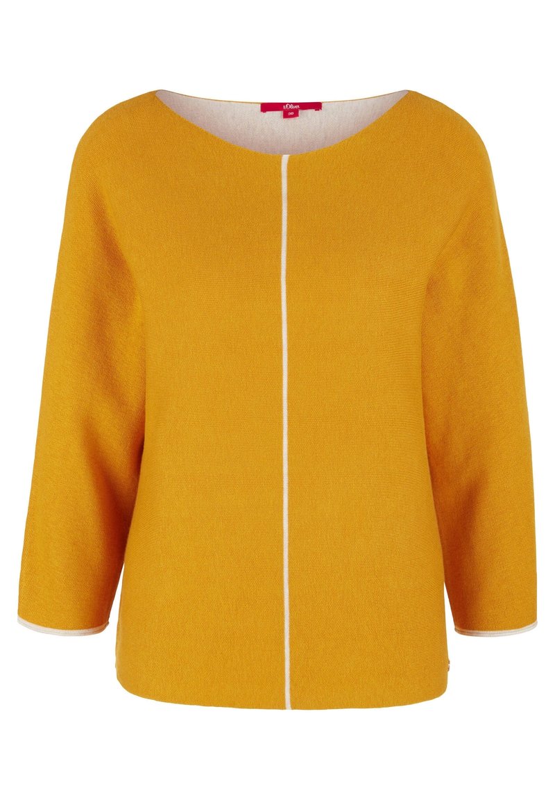 Žlutý svetr s texturou, širokým výstřihem, tříčtvrtečními rukávy a bílým středovým švem. Žebrované manžety a lem.