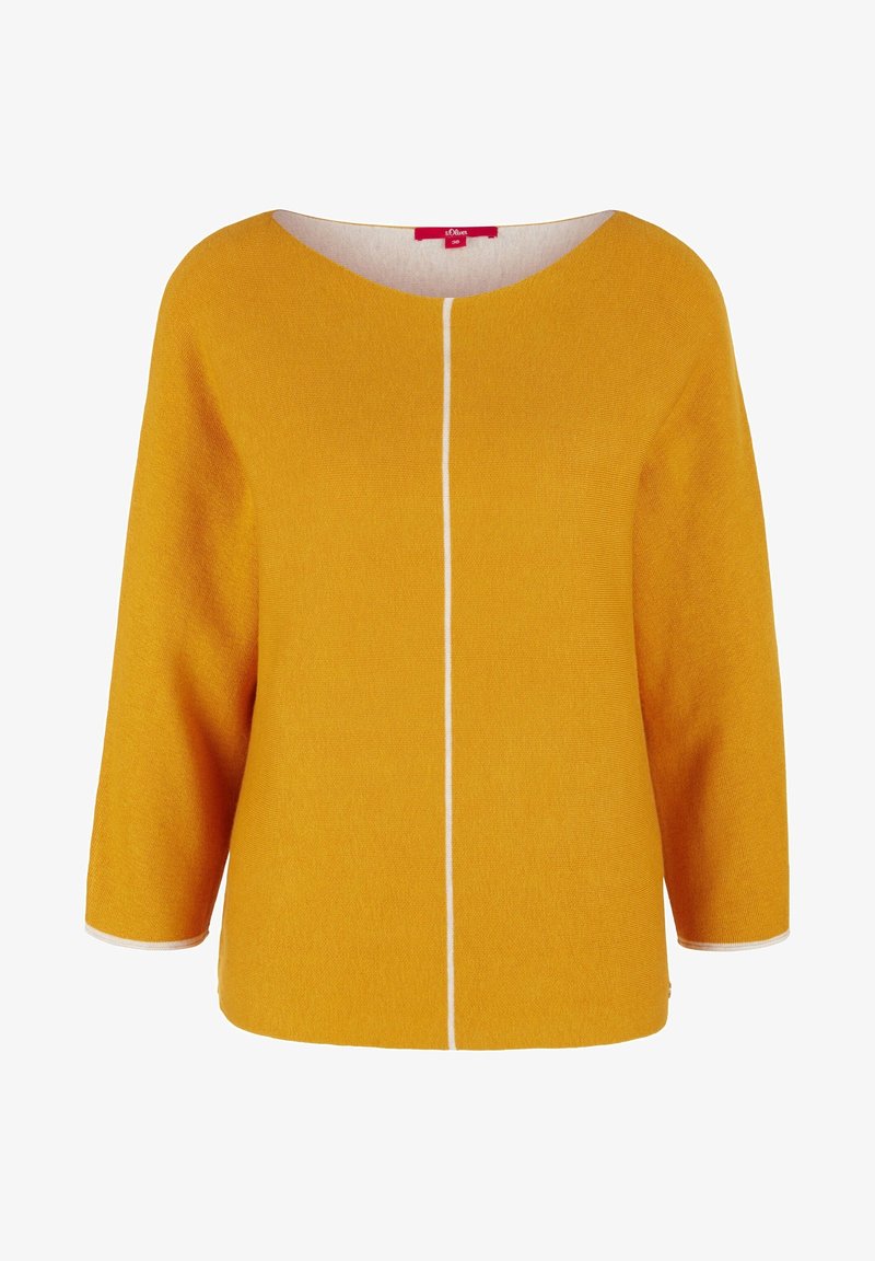 Žlutý svetr s texturou, širokým výstřihem, tříčtvrtečními rukávy a bílým středovým švem. Žebrované manžety a lem.