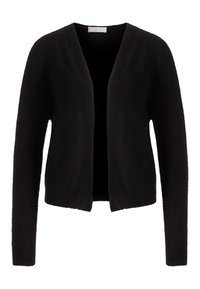 Cardigan aperto nero, realizzato in tessuto morbido, con maniche lunghe, vestibilità rilassata e una finitura testurizzata, privo di bottoni o decorazioni.