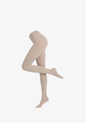 Beige, uigennemsigtige strømpebukser lavet af blødt materiale, der har en glat tekstur. Designet fremviser en tætsiddende form med sømløs konstruktion.