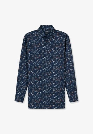 Marineblaues Langarmhemd aus Stoff mit einem Blumenmuster, das blaue und rote Blumen zeigt. Knopfleiste am Kragen und gerader Schnitt.