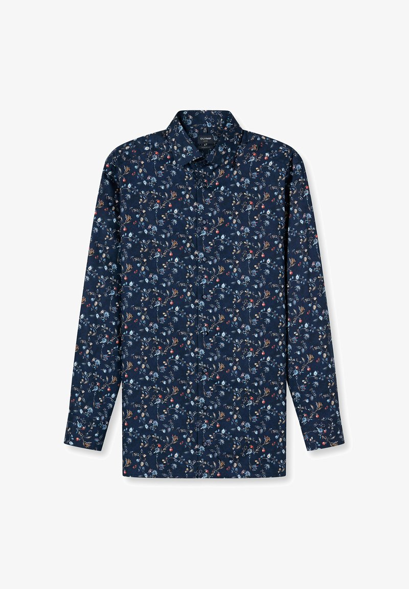 Marineblaues Langarmhemd aus Stoff mit einem Blumenmuster, das blaue und rote Blumen zeigt. Knopfleiste am Kragen und gerader Schnitt.