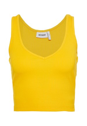 Gelbes, geripptes Crop-Top mit V-Ausschnitt aus elastischem Material. Mit einem Etikett mit der Aufschrift "WEEKDAY". Glatte Textur, figurbetontes Design.