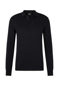 Schwarzes Langarm-Polo-Shirt mit Drei-Knopf-Leiste, gerippten Bündchen und Saum, aus feinem Strickstoff gefertigt.