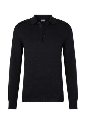 Black long-sleeve polo shirt with three-button placket, ribbed cuffs and hem, made of fine knit fabric.