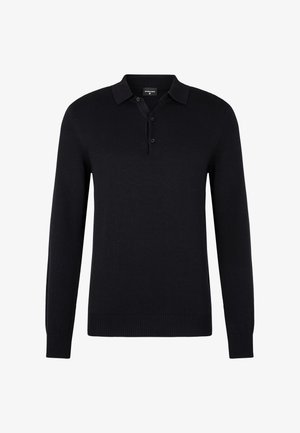 Zwart langwerpig polo shirt met lange mouwen, drie knoopsluitingen, ribgebreide manchetten en onderkant, gemaakt van fijne brei stof.