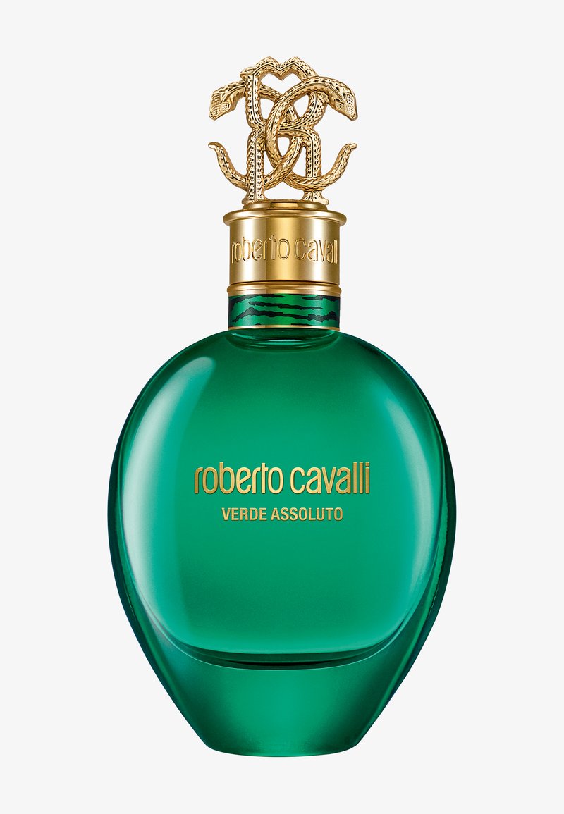 Groene glazen parfumfles met gouden tekst "roberto cavalli VERDE ASSOLUTO" en een sierlijke gouden dop met een verweven slangenontwerp.