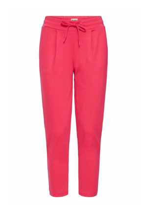 Pink sweatpants with an elastic waistband, drawstring, and two side pockets. Made from soft fabric, featuring a tapered leg design.