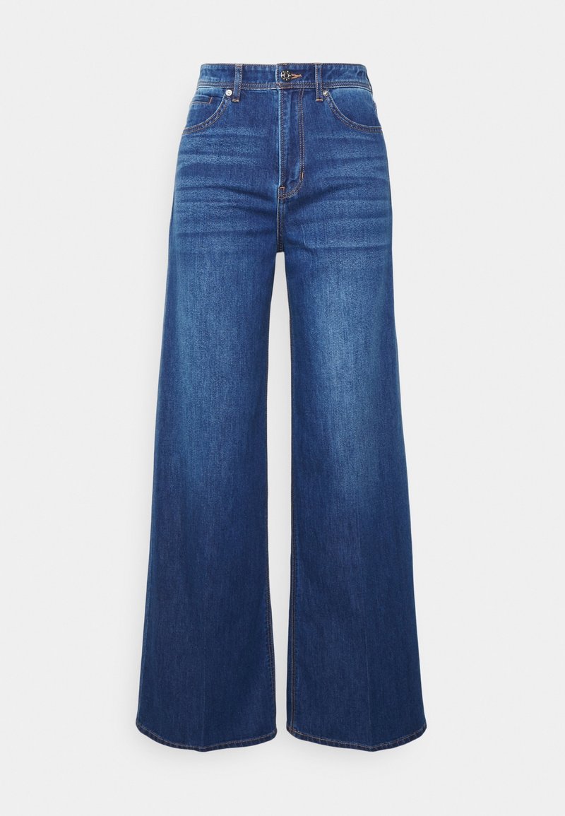 Jean bleu à jambes larges en denim, avec une taille haute, des coutures contrastées et une coupe droite des hanches aux chevilles.