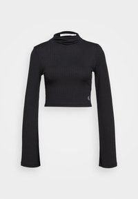 Musta lyhyt cropped turtleneck-toppi, jossa on pitkät ribattut hihat. Valmistettu joustavasta kankaasta, jonka helmassa on hienovarainen logo. Sileä rakenne.