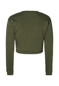 Olivegrüner, kurzes Sweatshirt mit langen Ärmeln, Rundhalsausschnitt und weicher Textur; zeichnet sich durch ein einfaches und sauberes Design aus.