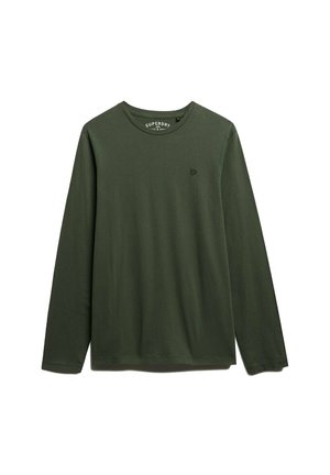 Donkergroene langwerpige crewneck-shirt met klein geborduurd logo op de linkerborst en "Superdry" merknaam aan de binnenkant van de kraag.