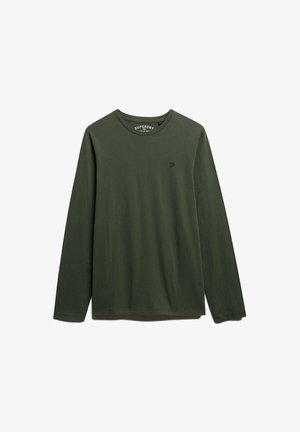 Dunkelgrünes Langarm-Shirt mit Rundhalsausschnitt und kleinem gesticktem Logo auf der linken Brust sowie "Superdry"-Marking im Kragen.