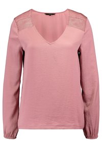 Pitkähihainen paita pehmeästä vaaleanpunaisesta kankaasta, jossa on V-kaula-aukko ja pitsipaneelit olkapäillä. Kerrokselliset hihansuut lisäävät yksityiskohtia suunnitteluun.