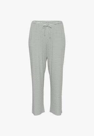 Pantaloni de pijama rayati cu talie elastică și șnur, confecționați dintr-un material moale. Model de culoare: dungi orizontale albe și negre.