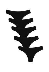 Cinq paires de slips en coton noir avec une taille douce, présentant une texture lisse et sans motifs ni accents visibles.