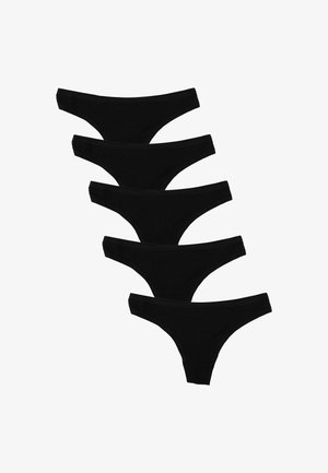 Cinque coppie di perizomi neri in cotone con una cintura morbida, caratterizzati da una texture liscia e senza modelli o dettagli visibili.