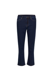 Jeans in denim blu scuro con vita media, chiusura con bottone, tasche frontali e un leggero svaso all'orlo.