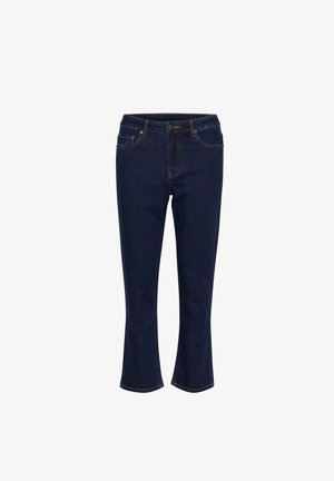 Dark blue denim jeans with a mid-rise waist, button closure, front pockets, and a slight flare at the hem.