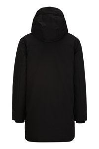 Zwarte geïsoleerde jas met capuchon, met een gladde textuur en zonder zichtbaar logo. Het ontwerp is verlengd en reikt tot halverwege de bovenbenen.