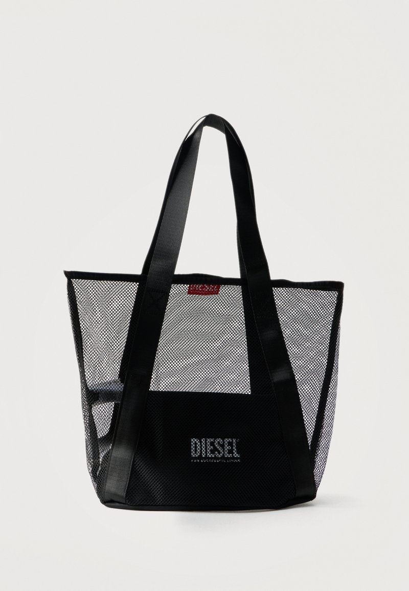 Μαύρη τσάντα ώμου από δίχτυ με σταθερή μαύρη βάση τσέπης που φέρει το λογότυπο "DIESEL" και δύο φαρδιές ράντες ώμου.