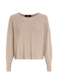 Pull beige en maille douce, avec un large col rond, des manches longues et des poignets côtelés à l'ourlet.