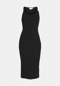 Schwarzes, geripptes Midi-Kleid mit taillierter Silhouette, breiten Schulterträgern und rundem Ausschnitt. Glatte Textur und keine zusätzlichen Muster.