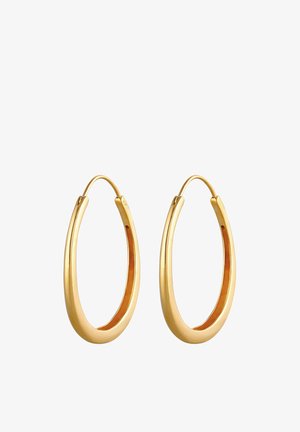 Zelta krāsas riņķveida auskari ar gludu, pagarinātu ovālu formu, ar pulētu apdari un vieglu dizainu.