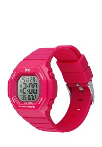 Reloj digital con una correa de silicona de color rosa brillante, caja octagonal, pantalla LCD que muestra la hora y la fecha, resistente al agua hasta 100 metros.