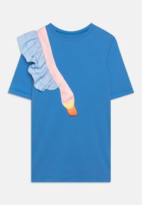 Blue cotton t-shirt featuring a pink and blue ruffled accent on one shoulder, with an orange and yellow duck design on the front.