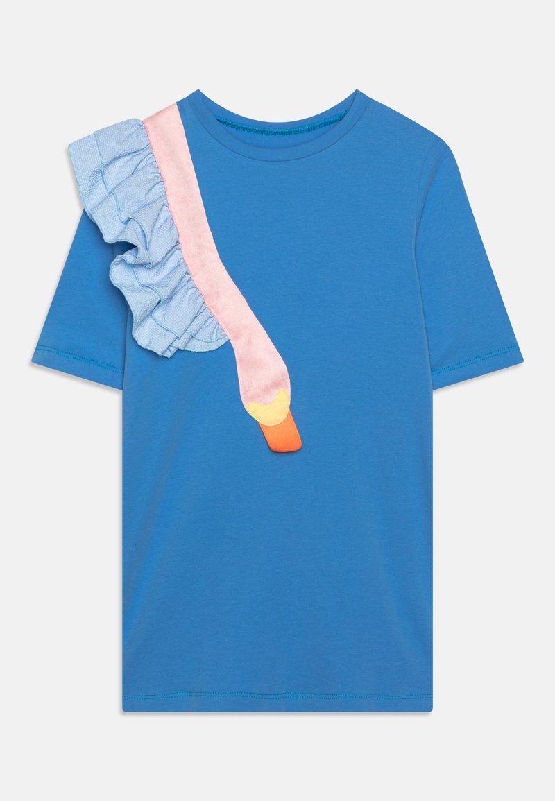 Blue cotton t-shirt featuring a pink and blue ruffled accent on one shoulder, with an orange and yellow duck design on the front.