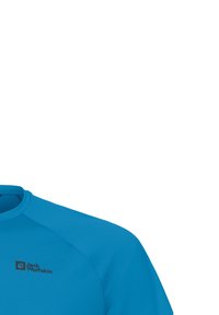Maglietta azzurra a maniche corte realizzata in tessuto traspirante, con scollo rotondo e logo "Jack Wolfskin" stampato in nero sulla parte anteriore.