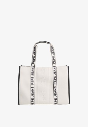 Bolso de lona en blanco con detalles en negro. Presenta asas dobles y un diseño de logo en relieve. Forma rectangular simple con material duradero.