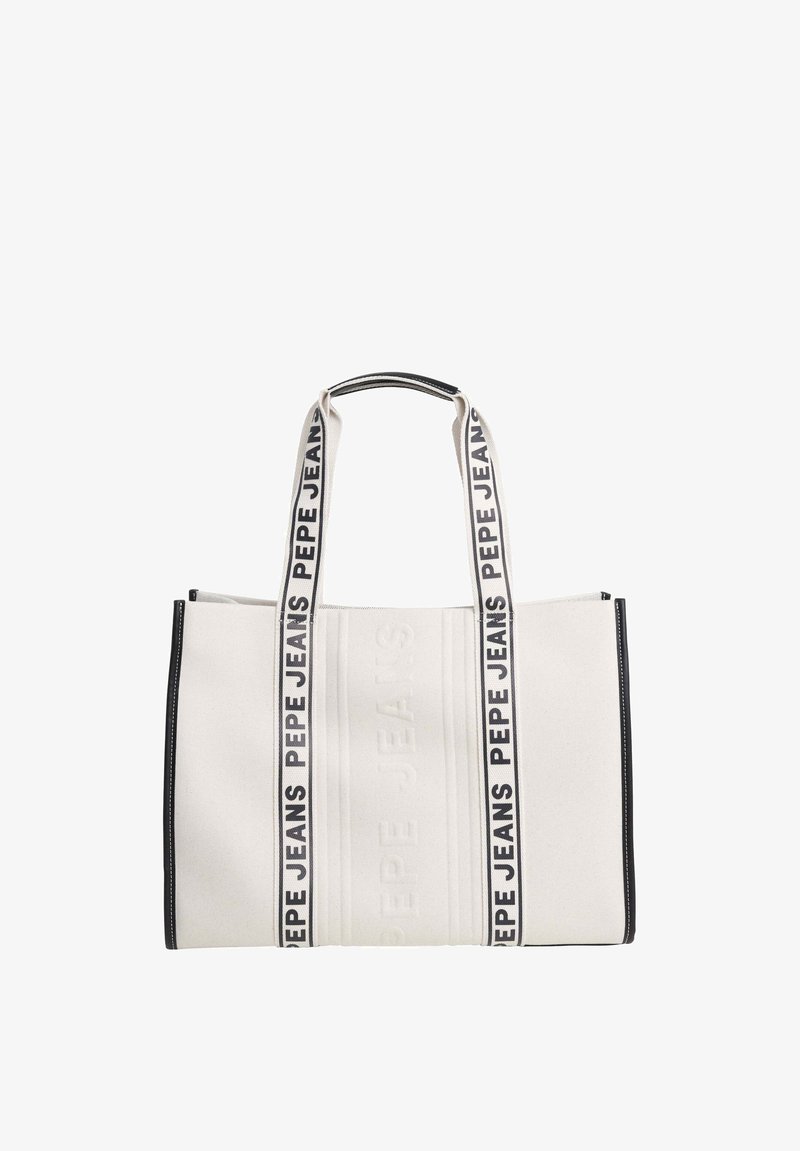 Sac fourre-tout en toile blanc avec des accents noirs. Dispose de poignées doubles et d'un design de logo en relief. Forme simple et rectangulaire avec un matériau durable.